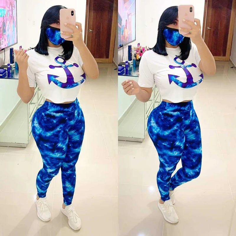 ladies loungewear T Shirt Pants Mask Women Three Piece Set 2020 Summer Short Sleeve O neck Tops And Print Trousers Leggings Casual Set New blazer and pants set Women's Sets