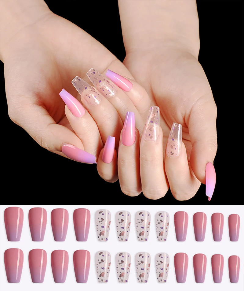

24pcs Portuguese Lavender Long Ballet Fake Nails Glitter Powder Design Press On Nail Tip Tools/Full Nail Tips Female Manicure