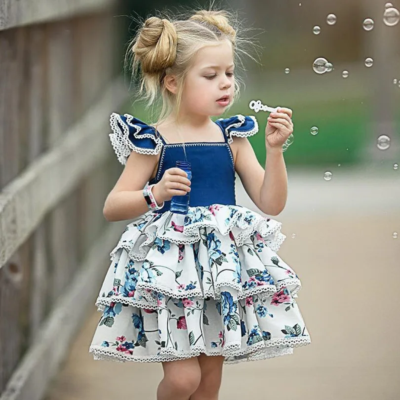 

Explosion Models Girls Print Dress Baby Vest Lace Summer Dress Small Flying Lace Cake Dress 1-2-3-4-5 Years Old
