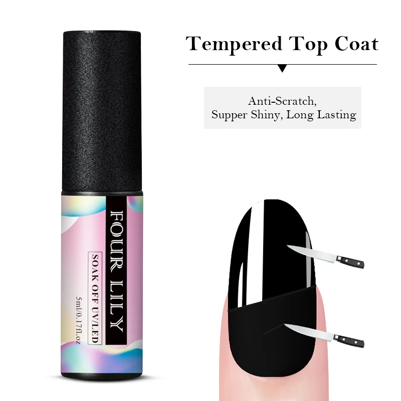 

FOUR LILY Tempered Top Coat No Wipe Top Coat UV Gel Polish Soak Off Long-lasting Nail Art Gel Transparent Manicure Lacquer