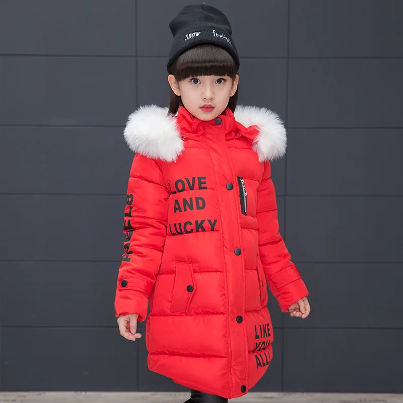 OLEKID Russian Winter Girls Parka Faux Fur Collar Long Girls Cotton-padded Jacket 4-13 Years Kids Teenagers Outerwear Coat - Color: Red