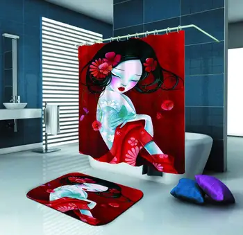 

Geisha Red Design Polyester Fabric Shower Curtain Set