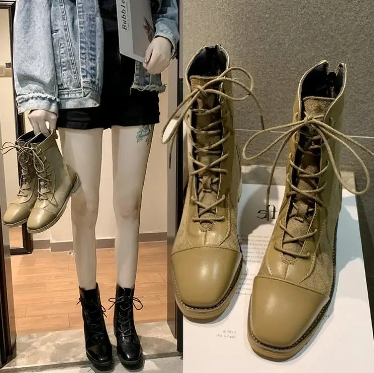 

Ankle Boots Women Shoes Woman Boots Fashion Square Heel Square Toe Ankle Boots 2019 Autumn New Canvas Breathable Boots X397