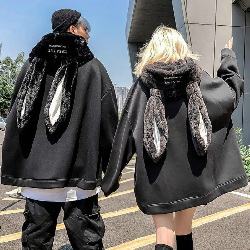 Harajuku Kawaii Bunny Alt Ears Hoodie Gothic Couple Cute Rabbit Ear Hoodies Sweatshirt Loose Long Preppy Coath Emo Clothes | Женская