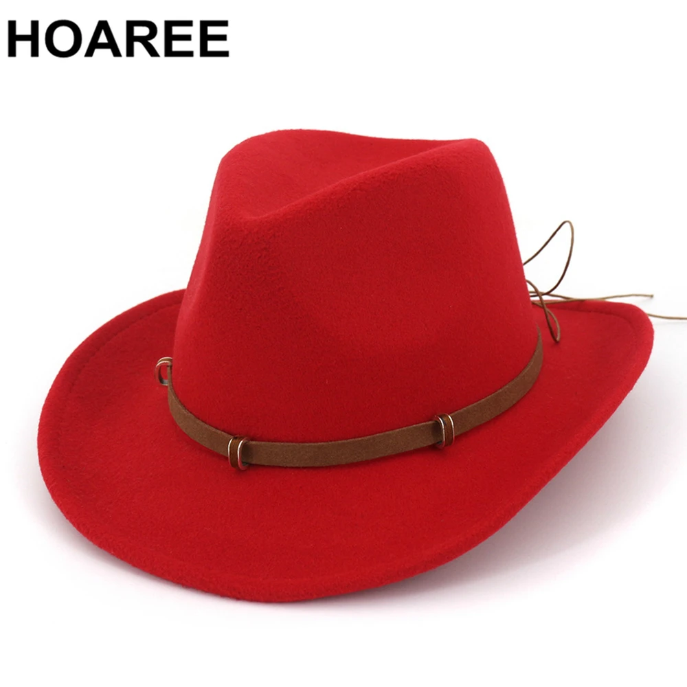 

HOAREE Western Cowboy Hat Men Women Woolen Belt Cowgirl Red Hat British Style Wide Brim Autumn Winter Womens Fedora Hat
