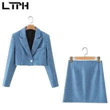 LTPH vintage plaid 2 piece set women short casual blazer sets high waist zipper elegant mini skirt Outfits 2021 new autumn
