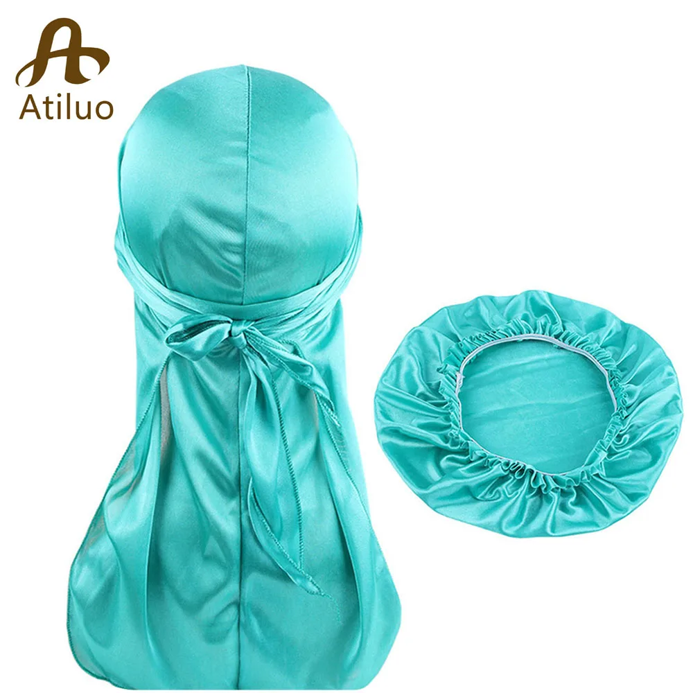 

Silky Durag and Bonnet Set for Men and Women Long Tail Du-rag Waves Cap Turban