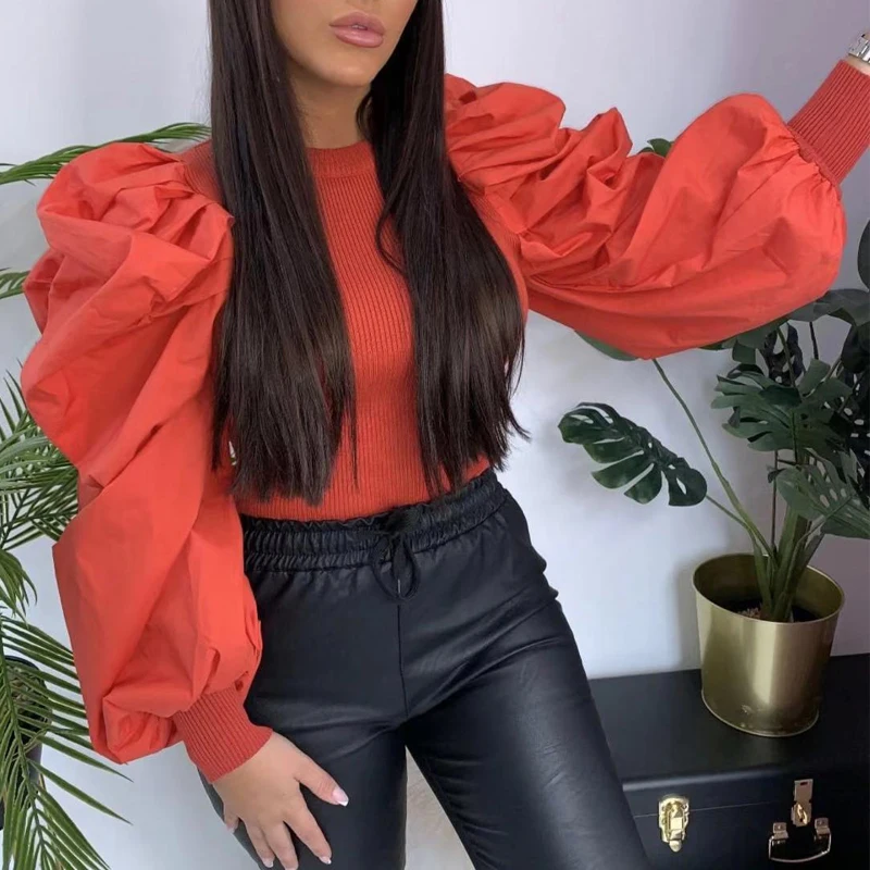 Лоскутная Трикотажная блуза с пышными рукавами Женская Осенняя рубашка круглым