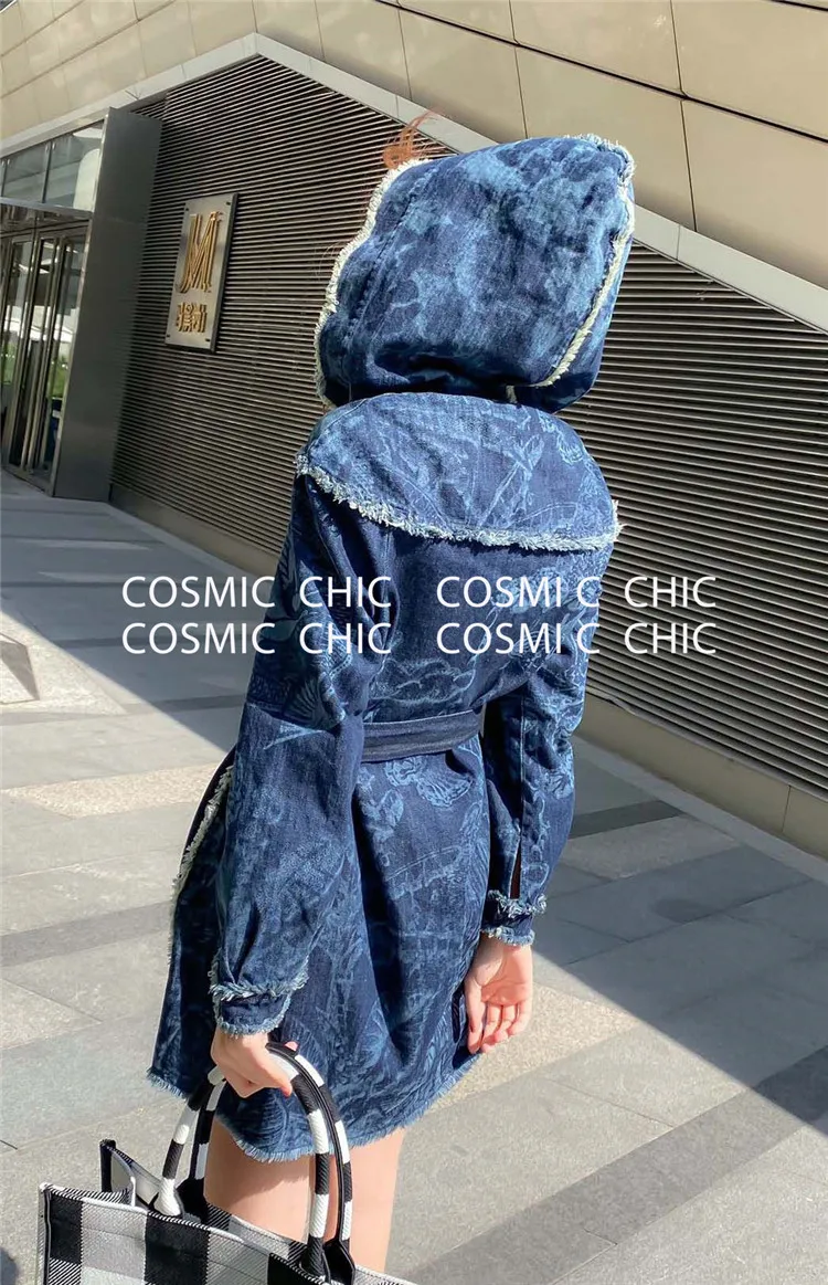 Cosmicchic Осень Зима Женское повседневное модное джинсовое платье с длинным рукавом с принтом Ковбойское короткое платье с капюшоном богемные вечерние платья