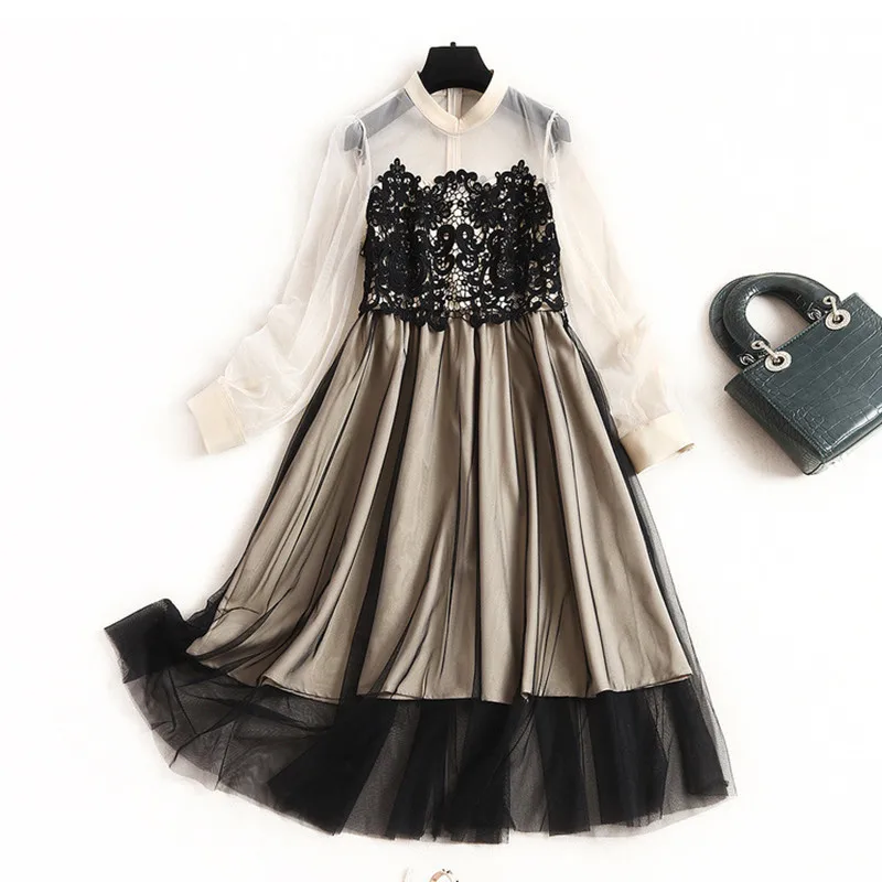 

Women sexy lace dress new 2020 spring summer see throught mesh long sleeve patchwork hollow out lace party dresses big hem