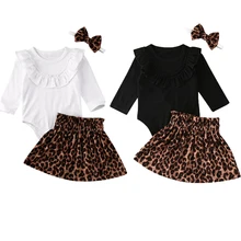 Леопардовые для малышей и девочек, комплекты одежды для новорожденных, однотонный комбинезон с длинными рукавами, Топы+ юбка трапециевидной формы с принтом+ повязка на голову, комплекты для 0-24 месяцев