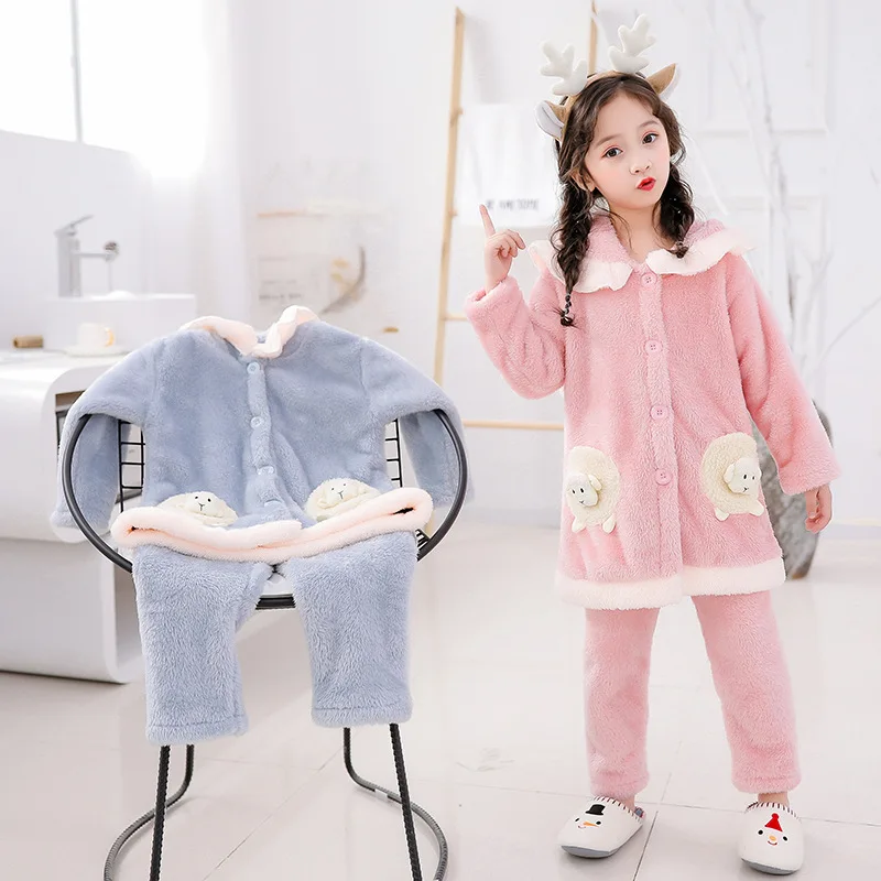 Детский пижамный комплект для девочек; пижамы; плотные двухсторонние фланелевые детские комплекты одежды для сна; сезон осень-зима; Длинная плюшевая Детская домашняя одежда