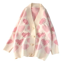 H.SA-chandails en tricot vestes et manteaux pour femmes, col en V, bouton-Up avec perles, col en V, cardigan en tricot doux et cœur pour femme, printemps décontracté