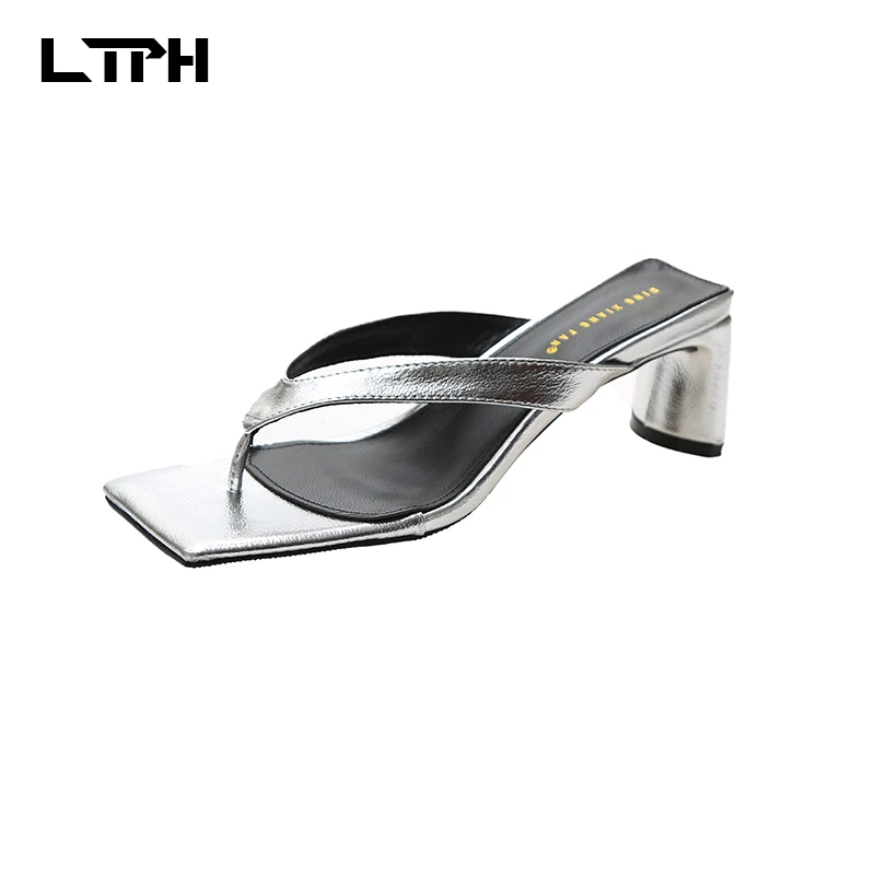 

Free shipping2020 summer new chic square head simple wild fairy style fashion high heel clip foot flip flops slippers slides PU