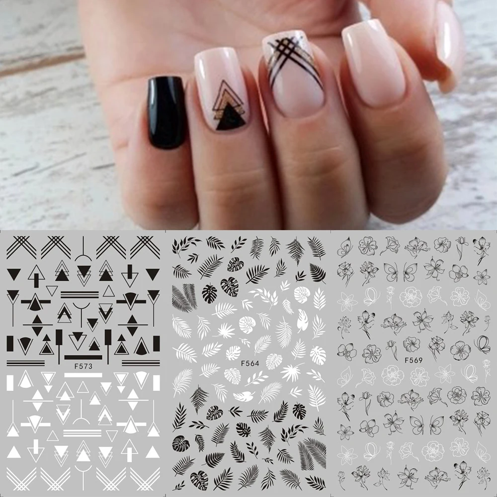 Nail-Sticker Adhesive Flower Foil-Design Tropical-Leaf 1-Sheet Mandala Black White 3D