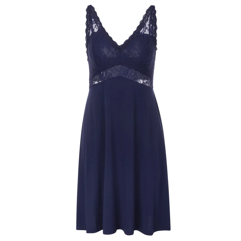 Navy Blue Zexxxy/женское удобное платье без рукавов для сна кружевное сексуальное ночное платье с v-образным вырезом, платья для сна, свободная летняя ночная рубашка - Цвет: Navy Blue