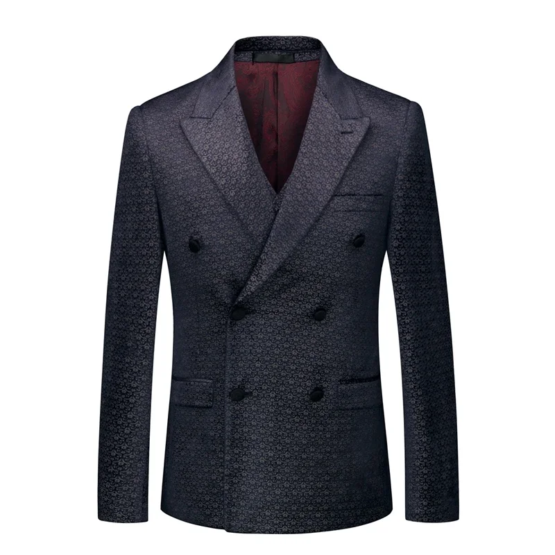 YUNCLOS Navy Pattern Printing Men Suits Double-breasted Business Casual Suits Men Closure Collar Wedding Jacket+Vest+Pant