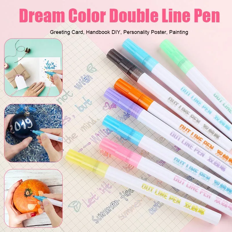 

8 Colors/Set Hot New Gift Card Writing Drawing Pens Double Line Outline Pen Stationery PUO88