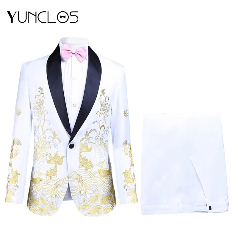 

YUNCLOS Men 3 Pieces Suits One Single Button Wedding And Party Embroidered Dress (jacket + pant+ bow tie) Two Pockets