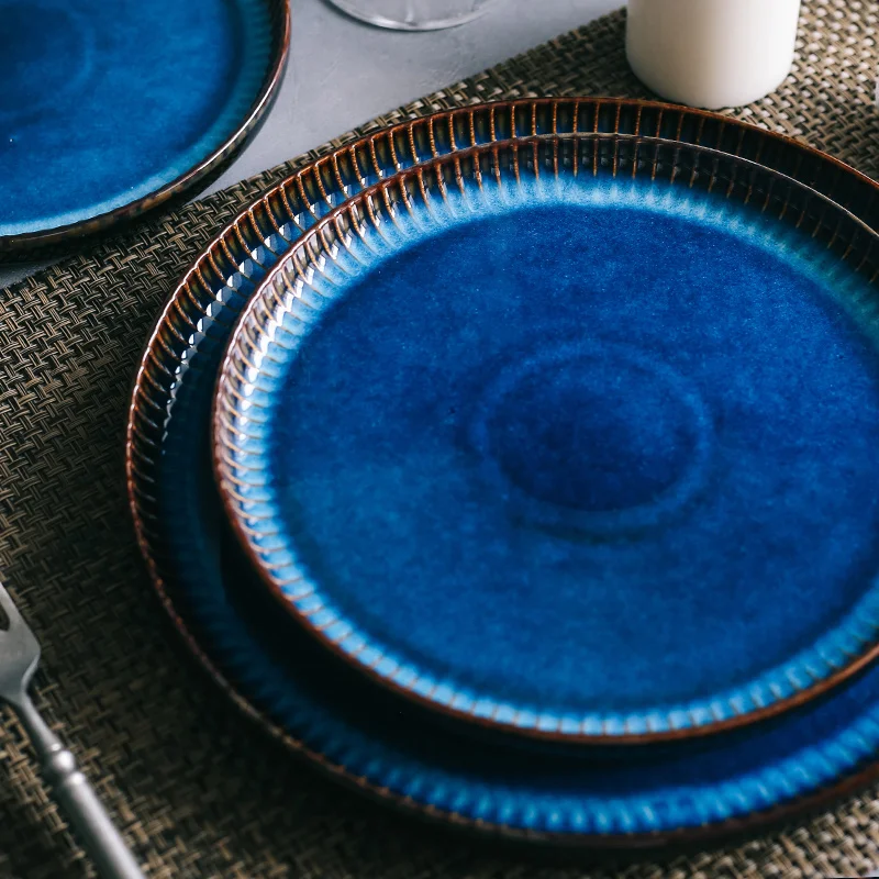 ANTOWALL Creative Nordic ceramic plate blue stripe flat plate household ceramic western pasta steak
