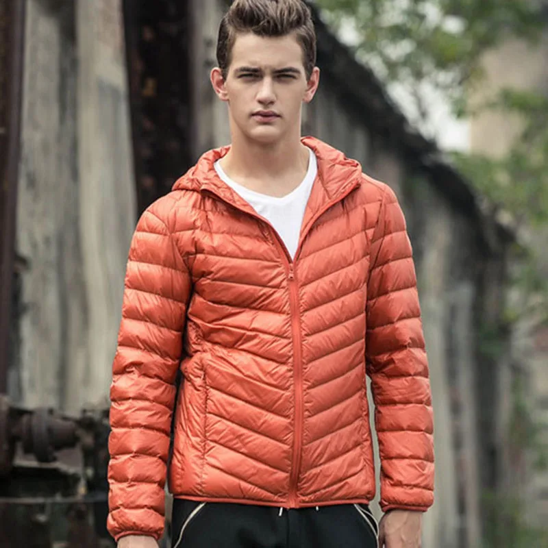 

Mens Hooded Coats Orange Color Warm Duck Down Filler Fashion Light Thin Style 2019 Spring/Autumn Male Basic Jackets Size:S-5XL