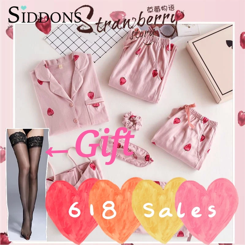 Lovely 7Pieces Set Pajamas Women Homewear Spring Cotton Long Sleeve Turn-down Collar Cardigan Sleepwear Cartoon Female Pyjamas
