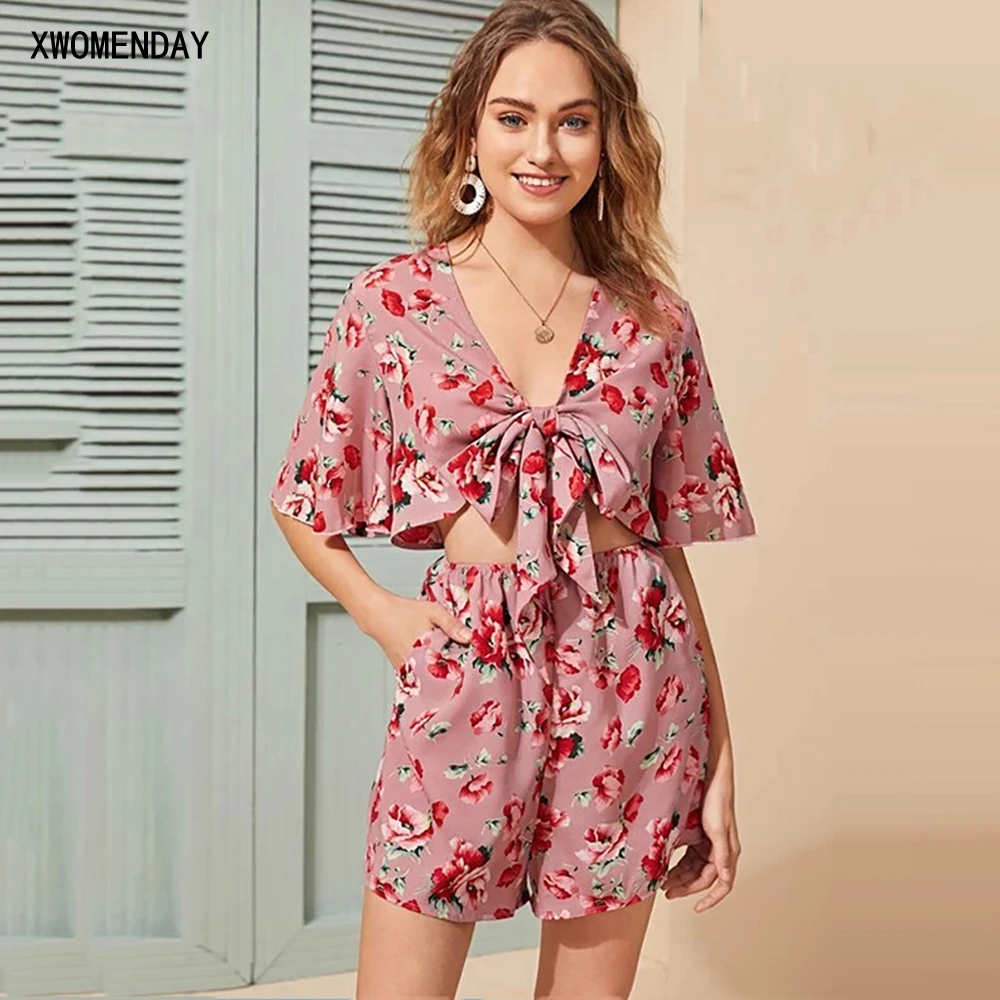 

Chiffon Rompers Womens Jumpsuit Summer Casual Floral Bow Tie Ladies One Piece Beach Clothing Wide Leg Playsuit Women Pink 2020
