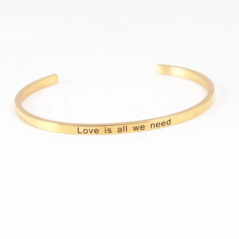 Золотой браслет из нержавеющей стали с гравировкой, позитивная вдохновляющая цитата, открытые браслеты-манжеты, ювелирные браслеты для подарков для женщин - Окраска металла: Love is all we need