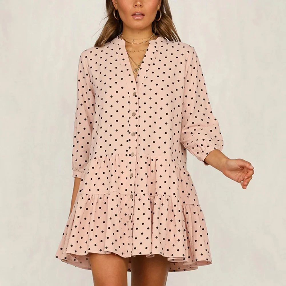 

FADZECO 2019 New Autumn Women Long Sleeve Dress Wave Point Ruffled V-neck Dress Fashion Women Clothing
