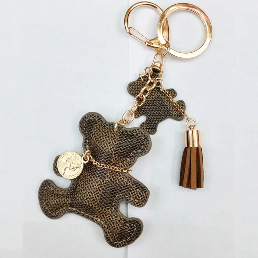 Милый брелок для ключей из искусственной кожи с кисточками и медведем, женское украшение для рюкзака, подарок, шик