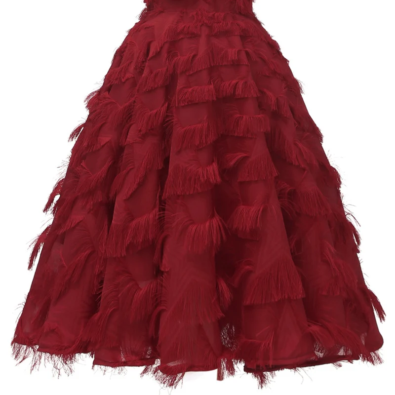 Tonval Vintage Burgundy Off Shoulder Wrap Elegant Fringe Sexy Dress Women Party Fit and Flare Classy Christmas Ladies Dresses