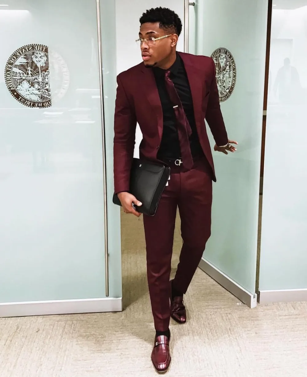 36Burgundy Two Pieces Mens Suits Slim Fit Wedding Grooms Tuxedos Cheap One Button Formal Prom Suit Jacket And Pants