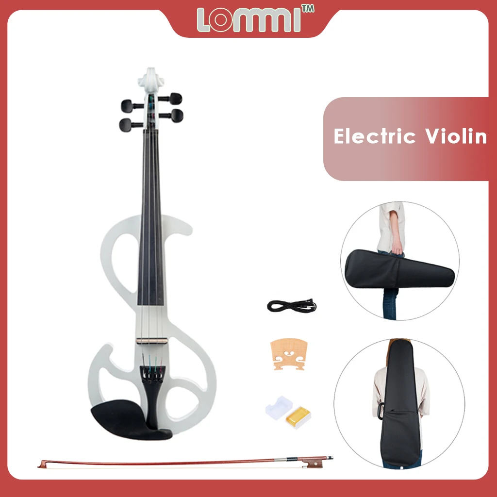 

LOMMI 4/4 Full Size Silent Electric Solid Wood Violin In Metallic White Hand-carved Fiddle Set Brazilwood Bow+Rosin+Bridge+Case