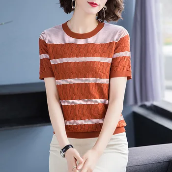 

Summer round neck striped short sleeve knitted T-shirt women