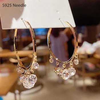 

925 Sterling Silver Needle Hoop Earrings for Women Jewelry Clear Pink Purple Crystal Gold Large Hoop Female Tassel Earring