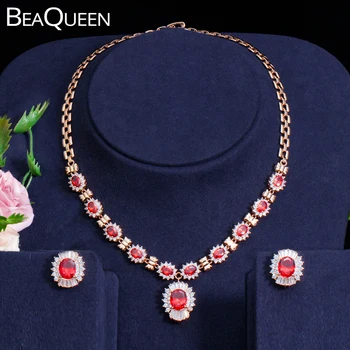 

BeaQueen African Red Oval Cubic Zirconia Paved Round Pendant Drop Necklace and Earrings Dubai Champagne Gold Jewelry Sets JS028
