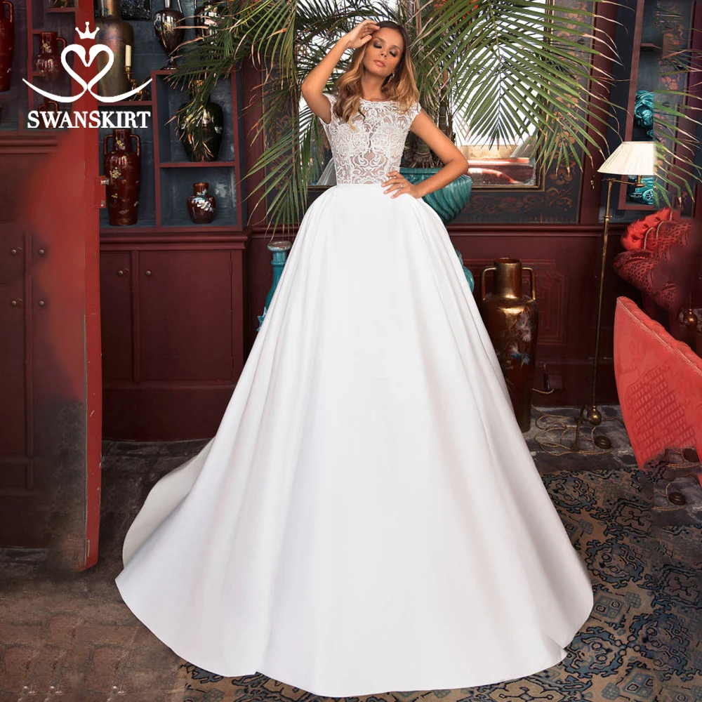 Иллюзия Свадебное платье Swanskirt Appliques Backless A-Line без рукавов для невесты под заказ принцессы vestido de noiva I179