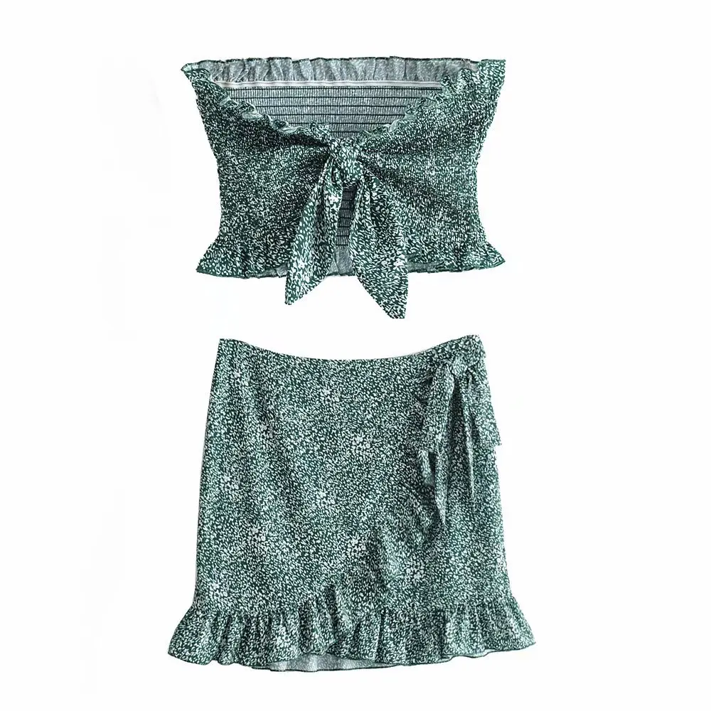 

Europe And America 2019 Summer New Style Bandeau Elastic Printed Shirt + High-waisted Knot Flounced Skirt WOMEN'S Suit
