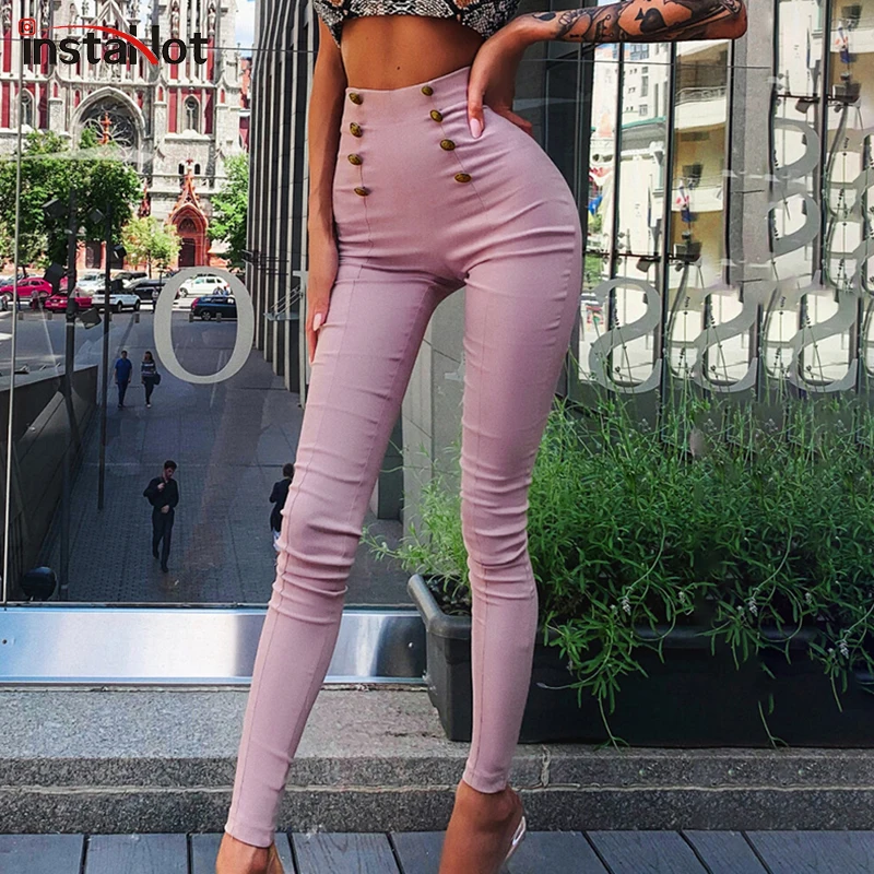 InstaHot розовые брюки-карандаш с эластичной резинкой на талии, узкие Элегантные повседневные женские уличные брюки, модные брюки с высокой талией