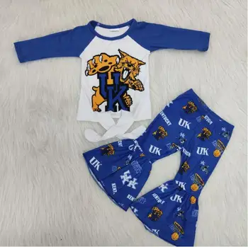 

Free shipping Baby girls blue color basketball long sleeve shirt bell bottom pants wild cat kids ready to ship clothing sets