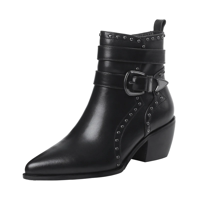 

COOLULU Boots Women Round Toe Rivet Flower Boots Susanna Studded Genuine Leather Ankle Boots Women Botines Luxury Botas Mujer