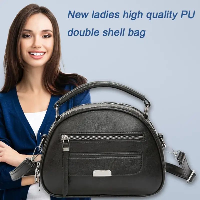 

Fashionable Solid Crossbody Bag Women Leather PU Retro Shell Shape Double Layer Zipper Top-handle Shoulder Female Bags
