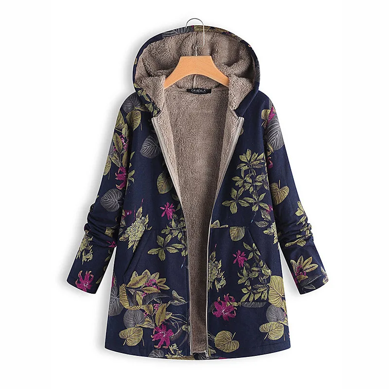 Новые зимние женские хлопковые и льняные куртки на молнии с принтом теплое бархатное пальто с цветочным принтом и кепкой для женщин - Цвет: Picture color