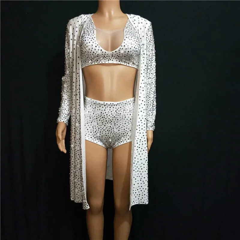 Luxurious 3 Pieces Set Stage Performance Costume Full Rhinestones Singer DJ Show Wear White Suit Jacket Cloak Nightclub Outfit
