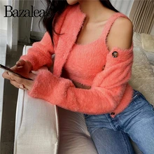 Bazaleas, винтажный женский свитер, шикарный, розовый, мягкий, мохер, вязаный кардиган, милый, тянет, женская одежда, kardigan, Прямая поставка