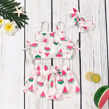 

Children Kids Girls Bikini Beach Suspender Tops+Skirt+Headbands Swimsuit Set Two Piece Girls Swimsuit LW 1224