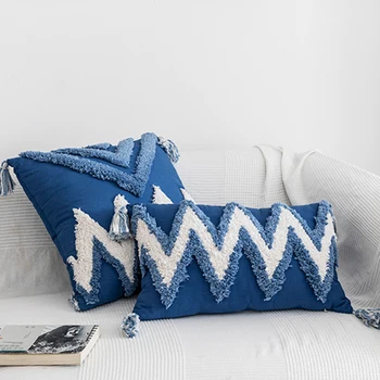 

Cushion Cover Handmade Moroccan Style Abstract Zigzag Navy Blue Yellow Square Rectangle Pillowcase Home Decor 45x45cm/30x50cm
