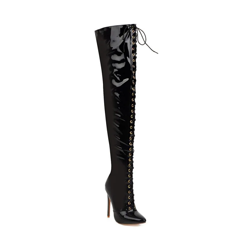 MStacchi/Большие размеры 33-46; модные ботфорты; женские высокие сапоги с острым носком на высоком каблуке; пикантные женские сапоги с перекрестными ремешками; Botas Mujer - Цвет: black