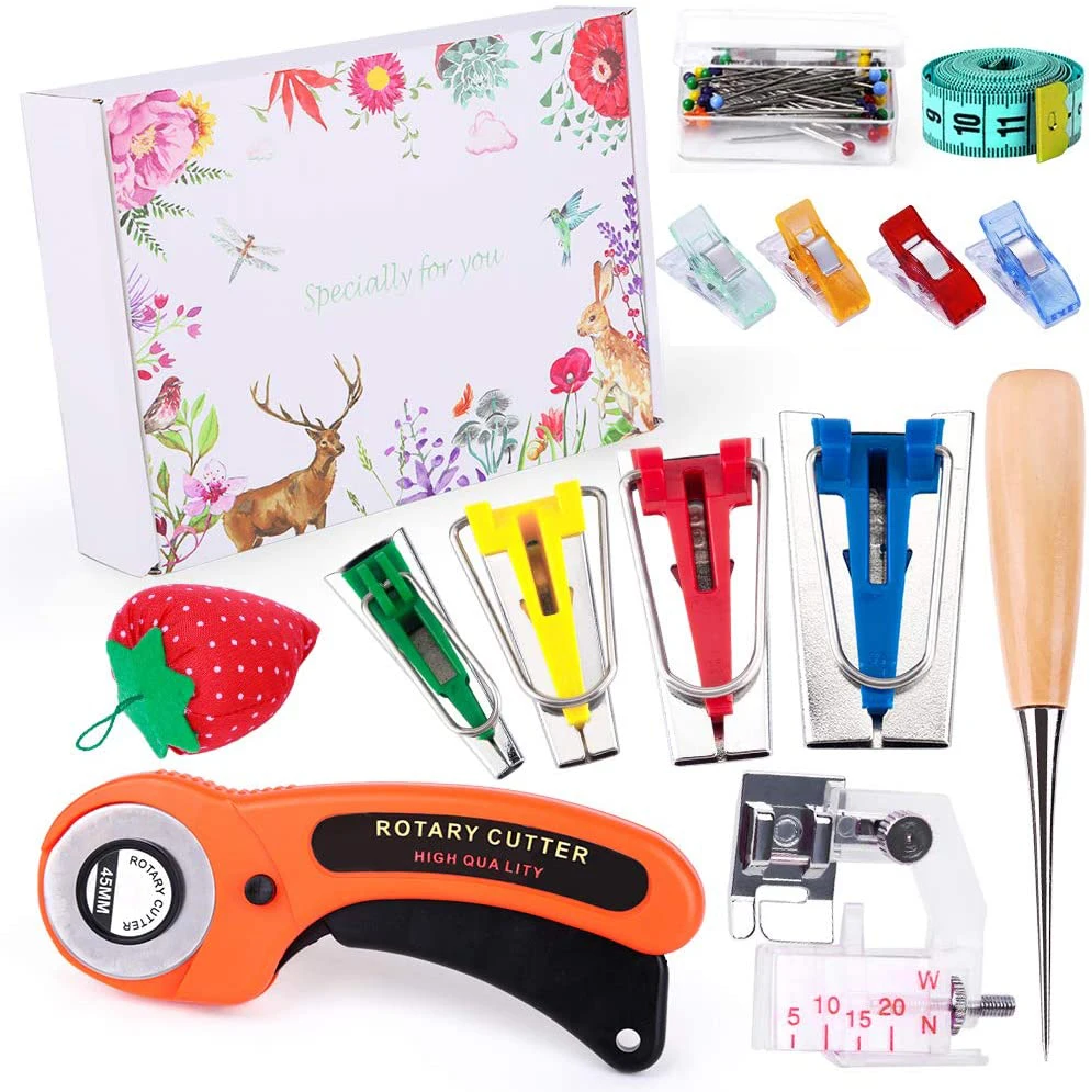 MIUSIE Fabric Bias Tape Makers Kit with Rotary Cutter, Sewing Clips, Sewing Machine Presser Foot, Rotary Cutter for Fabric-0