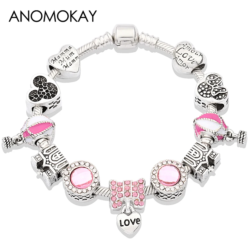 915 Pink Bracelet Романтическая розовая Подвеска со стразами в виде цветка браслет и браслет серебро Diy сердце из бисера браслеты для женщин и девушек модные ювелирные изделия подарок - Окраска металла: 915 Pink Bracelet